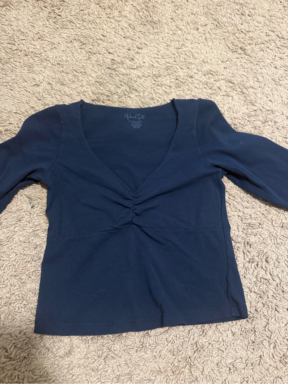 Brandy Melville Navy Ruched V-Neck Long Sleeve Top